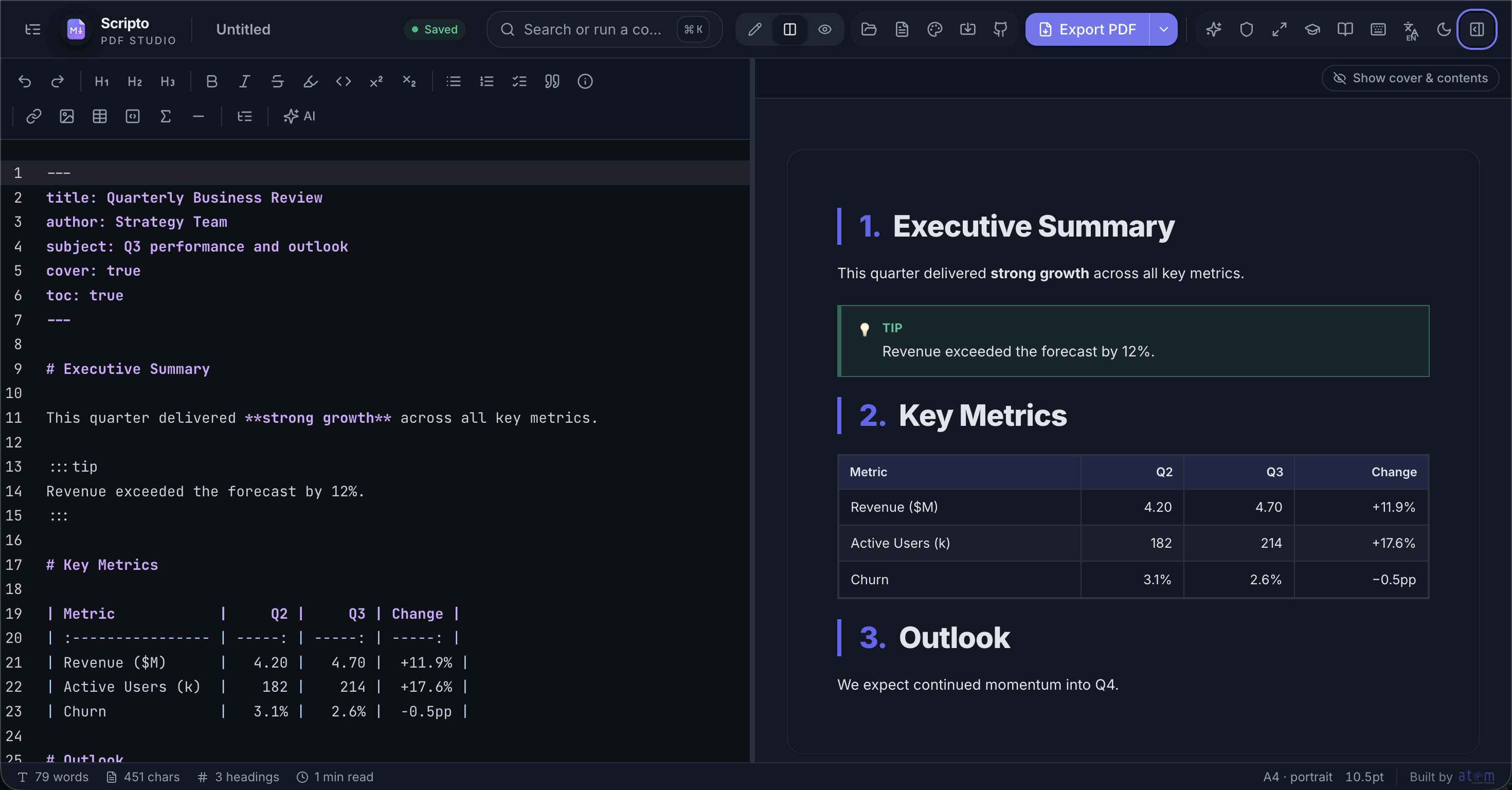 The Scripto editor: Markdown source beside the live paginated PDF preview