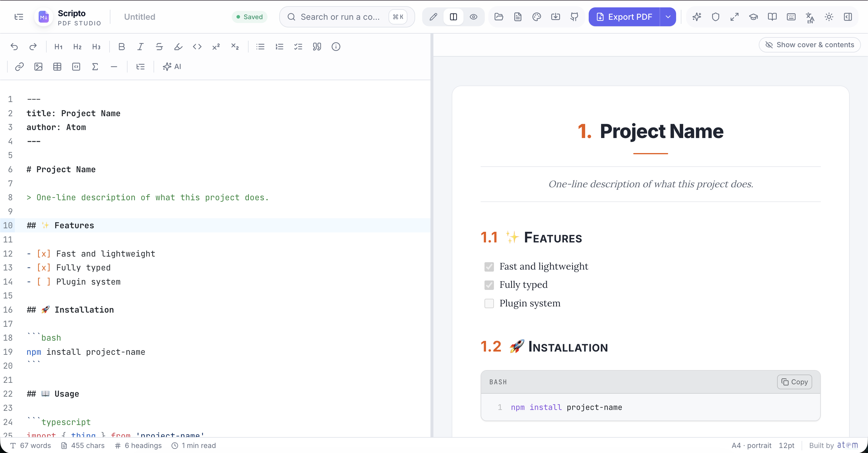 The Scripto editor: Markdown source beside the live paginated PDF preview